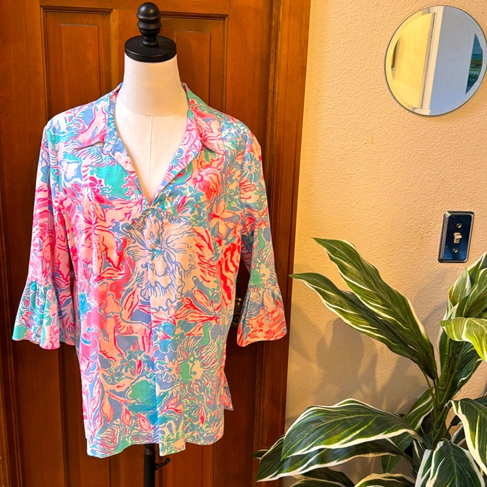 Lilly Pulitzer Pink Aqua Floral Tunic Blouse